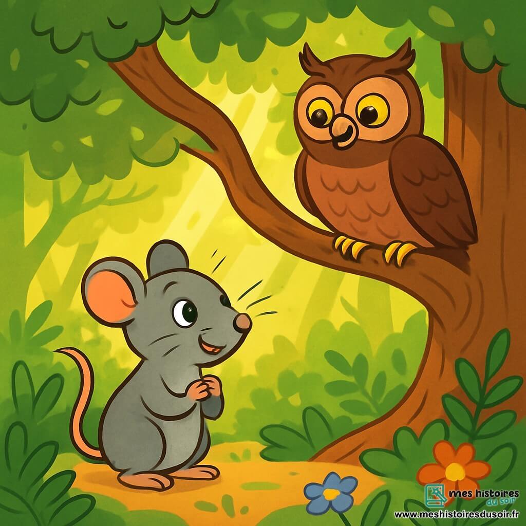 Une petite souris nommée Lucie, aux yeux pétillants et aux moustaches frémissantes, se tient devant un majestueux chêne, excitée et curieuse. Elle a un pelage doux et gris, et admire le vieux hibou Léo, perché sur une branche, ses plumes brun foncé brillant sous le soleil. Léo, avec ses grands yeux jaunes, semble sage et bienveillant, observant Lucie avec un sourire encourageant. Ils se trouvent dans une forêt enchantée, où les rayons de soleil filtrent à travers le feuillage dense, créant des éclats d'or sur le sol. Lucie, déterminée, écoute attentivement les conseils de Léo, prête à découvrir le trésor caché de la forêt, avec une expression joyeuse mais nerveuse.