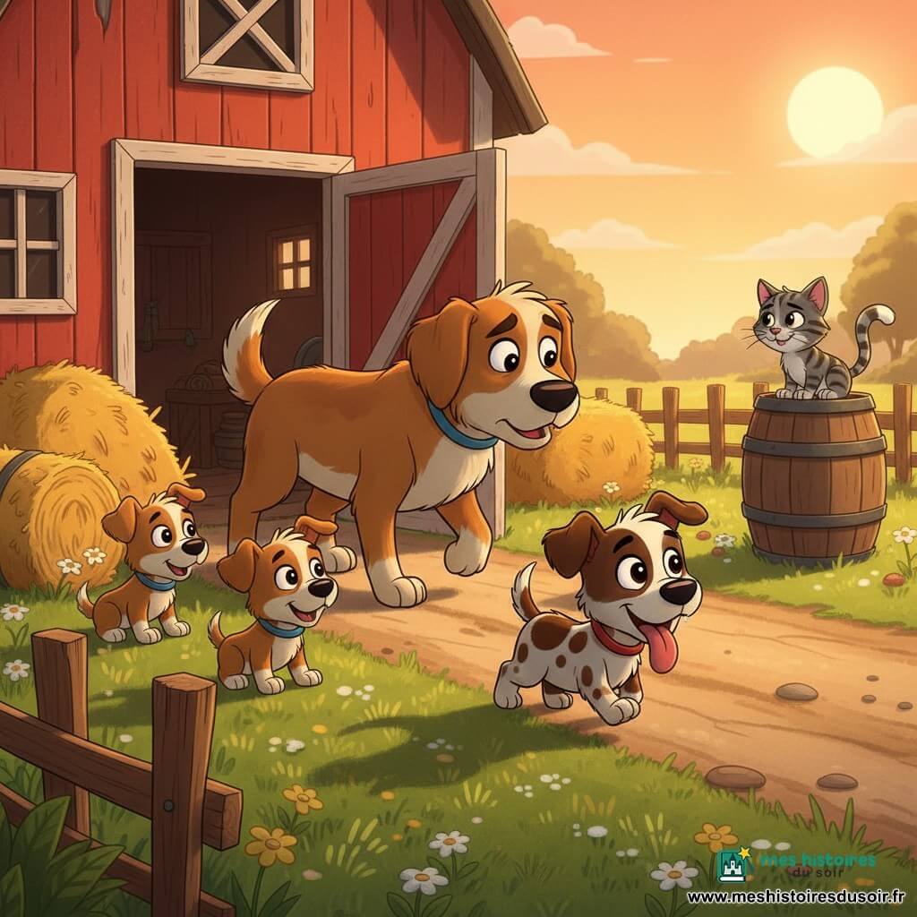 Petit Chien, petit chien brun tacheté de blanc aux yeux ronds, trottine la langue tirée vers la ferme où Bella, sa mère caramel au poil doux, l'attend devant la porte de la grange ; deux frères et sœurs joueurs sont assis dans l'herbe à gauche, Félix le chat gris et blanc est perché sur un tonneau à droite, et la cour arrière au crépuscule — grange rouge vieillie, bottes de paille, clôture en bois usée et chemin de terre poussiéreux — baigne dans une douce lumière orange ; scène chaleureuse et rassurante : Petit Chien rentre chez lui et est accueilli par sa famille dans un moment tendre et émouvant.
