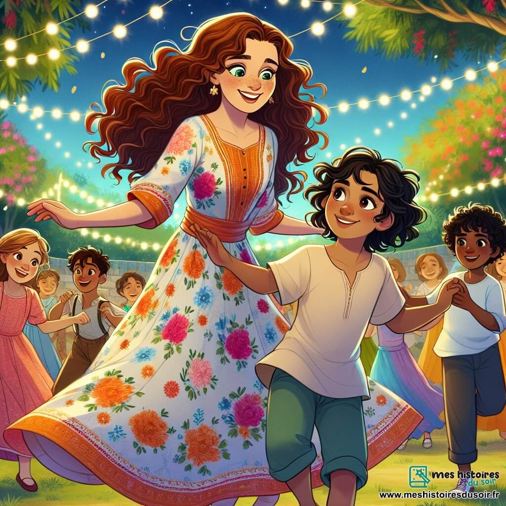 Sophie, une jeune femme aux cheveux châtains et bouclés, porte une robe colorée ornée de fleurs. Elle danse joyeusement avec des enfants, les bras ouverts, invitant à la joie. Amina, une fille de dix ans aux cheveux longs et noirs, danse avec grâce à ses côtés, rayonnante de bonheur. Malik, un garçon de huit ans, observe avec admiration, applaudissant avec enthousiasme. La scène se déroule dans un parc coloré, avec des arbres verdoyants et des fleurs éclatantes, créant une atmosphère de fête. Sophie et Amina dansent ensemble, entourées d'enfants qui les encouragent, symbolisant la force de l'amitié face aux difficultés.