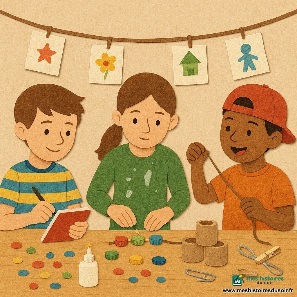 Trois enfants autour d'une grande table d'atelier : Noé, 10 ans, cheveux courts châtain, t-shirt rayé bleu et jaune, carnet rouge à la main, note les idées avec un sourire timide ; Inès, 10 ans, cheveux en queue de cheval, blouse verte tachée de colle, aligne et perce des bouchons au centre ; Samir, 9 ans, peau légèrement foncée, casquette rouge à l’envers, tient une ficelle et des pinces à linge, prêt à lâcher la bille. L'atelier du centre de loisirs montre une table claire couverte de carton, colle, trombones et rouleaux de papier toilette empilés, une guirlande de dessins au mur et une fenêtre à gauche qui diffuse une lumière douce. Suspendu au-dessus de la table, un "train de bouchons" : une ficelle inclinée entre deux tabourets avec des bouchons percés fixés par des pinces, une petite bille blanche roule toc-toc de bouchon en bouchon sans toucher la table. Atmosphère joyeuse et inventive, perles et autocollants éparpillés, couleurs vives et contrastées, style collage papier avec textures et bords déchirés, composition centrée sur la bille en mouvement et les trois enfants.
