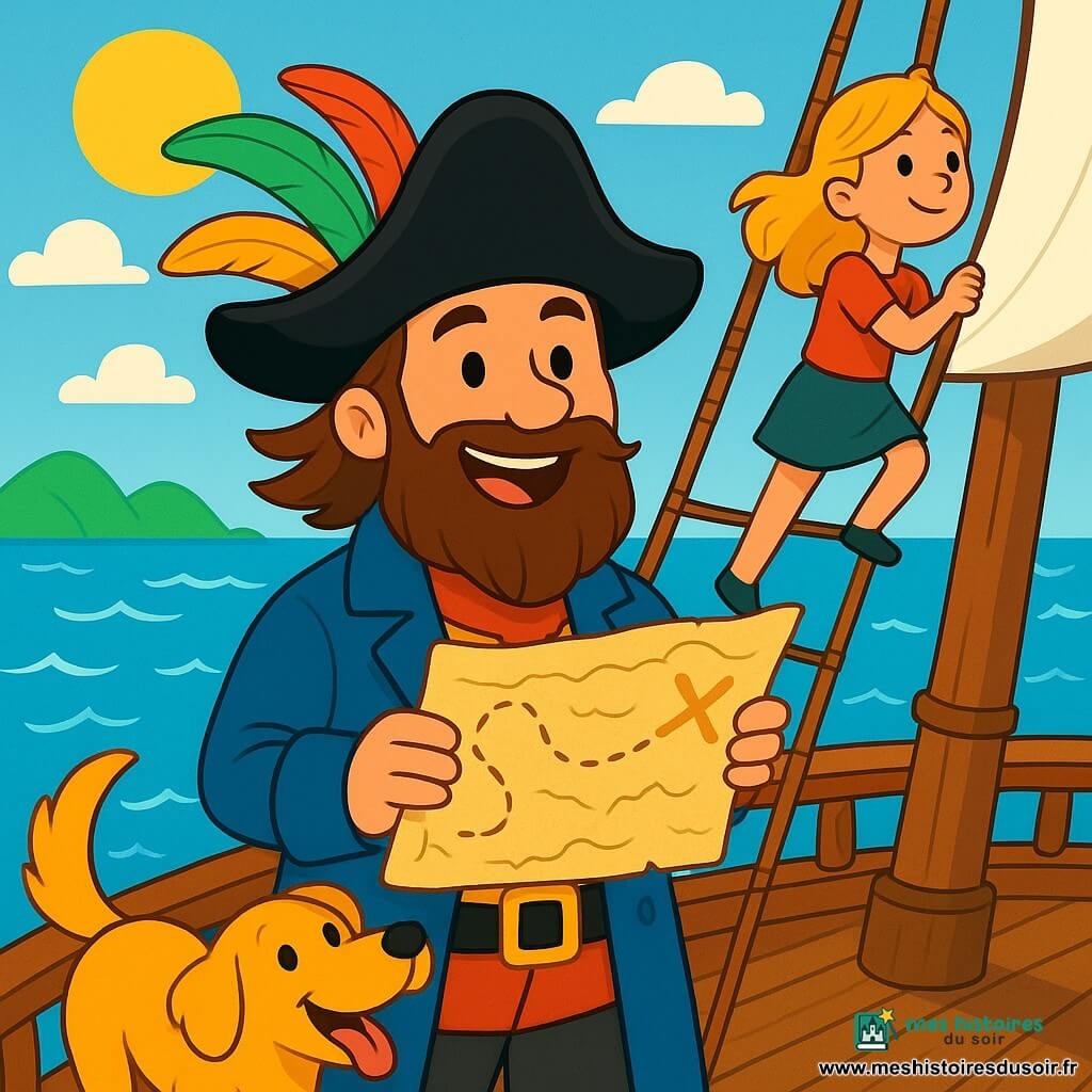 Le capitaine Victor, portant un grand chapeau noir avec des plumes colorées, sourit avec enthousiasme, sa barbe brune flottant au vent. Il tient une vieille carte au trésor, les yeux pétillants d'excitation. À ses côtés, Zoé, une jeune fille de 10 ans, grimpe au mât, ses cheveux blonds dansant au vent, regardant l'horizon avec curiosité. Loulou, un chien au pelage doré, aboie joyeusement sur le pont, sa queue remuant. Le navire, un grand bateau pirate en bois avec des voiles blanches, navigue sur une mer bleue parsemée de vagues scintillantes sous le soleil. Au loin, des îles verdoyantes se dessinent, promettant des aventures. Victor et ses amis sont prêts à partir à la recherche d'un trésor caché, entourés d'une atmosphère d'excitation et de mystère.