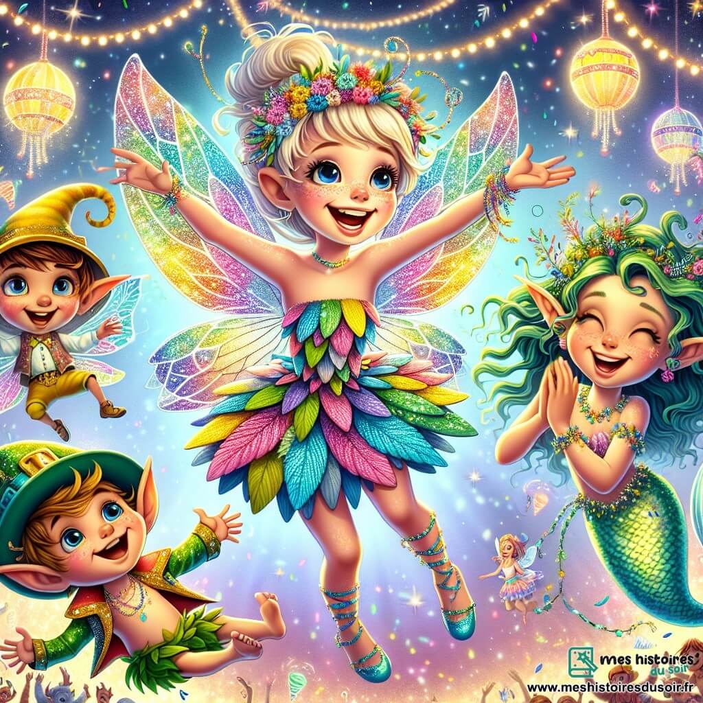 Lila, une petite fée aux ailes multicolores, danse joyeusement dans les airs, vêtue d'une robe arc-en-ciel. Son visage est illuminé par un sourire, et ses yeux pétillent. À ses côtés, Tim, un lutin espiègle, saute de joie, tandis que Zoé, une sirène aux cheveux d'algues, applaudit avec enthousiasme. Le décor est un carnaval magique, avec des guirlandes lumineuses, des ballons colorés et des créatures fantastiques dansant autour d'eux. Lila et ses amis flottent au-dessus de la foule, célébrant la magie du carnaval.