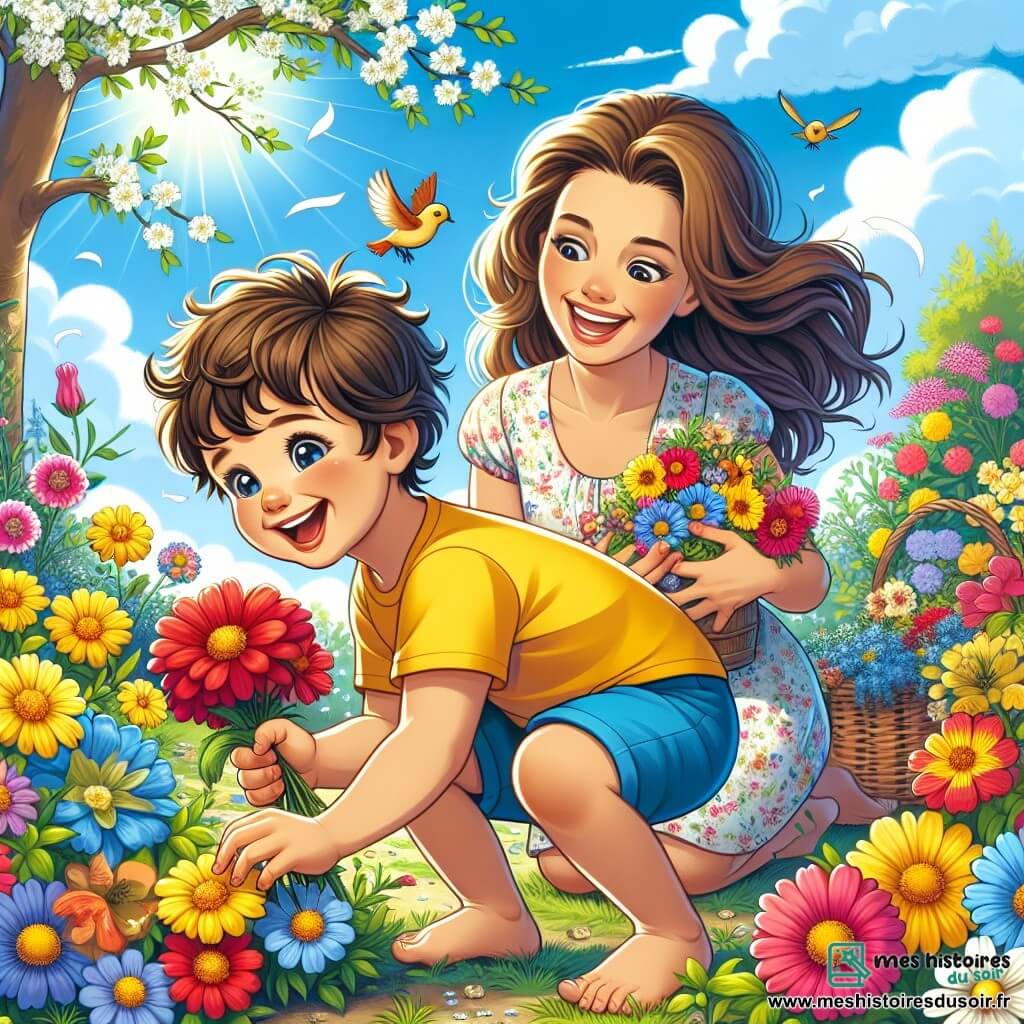Un petit garçon de 2 ans, aux cheveux bruns en désordre et aux yeux pétillants, est accroupi dans un jardin ensoleillé, souriant en ramassant des fleurs colorées. Il porte un t-shirt jaune et un short bleu, ses mains étant pleines de fleurs rouges, jaunes et bleues. À côté de lui, sa maman, d'environ 30 ans, avec de longs cheveux châtains et un sourire chaleureux, se penche pour l'aider, vêtue d'une robe légère à motifs floraux. Le jardin est rempli de fleurs éclatantes, avec des arbres en fleurs et un ciel bleu clair. Des oiseaux chantent, ajoutant une touche de magie à cette scène printanière. Ils décorent leur maison avec des fleurs du jardin, heureux de célébrer le printemps.