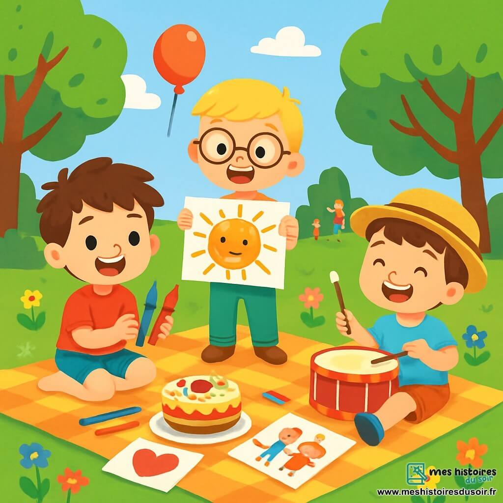 Trois personnages sont présents : Lucas, un garçon de 5 ans aux cheveux bruns en bataille, souriant sur une nappe à carreaux avec des crayons de couleurs ; Max, un garçon blond en lunettes rondes, tenant un dessin d'un soleil souriant ; et Tom, un garçon châtain avec un chapeau de paille, jouant du tambour. Ils se trouvent dans un parc verdoyant, entourés d'arbres et de fleurs, avec des ballons flottants. Les amis préparent une surprise pour la fête des pères, entourés de dessins, gâteaux et jeux, affichant des expressions joyeuses.
