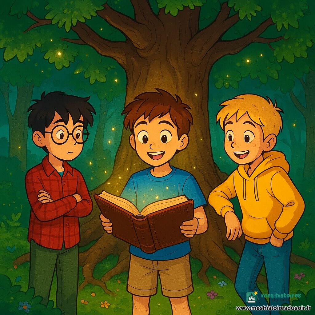 Il y a trois personnages : Emilien, un garçon de 10 ans aux cheveux châtains et aux yeux pétillants, portant un t-shirt bleu et un short beige, se tient au centre avec un vieux grimoire ouvert, souriant. Noam, 11 ans, avec des cheveux noirs en bataille et des lunettes rondes, est légèrement en retrait à gauche, les bras croisés, regardant la carte avec curiosité, habillé d'une chemise à carreaux rouge et d'un pantalon vert. Léo, 10 ans, avec des cheveux blonds et des taches de rousseur, est à droite, appuyé contre un grand arbre, enthousiaste, vêtu d'un sweat à capuche jaune et de jeans. Le lieu est une clairière enchantée entourée de grands arbres noueux et de feuilles vertes éclatantes, avec des lucioles illuminant le sol recouvert de mousse et de petites fleurs colorées. Au centre, un immense arbre aux racines enchevêtrées veille sur le lieu, ses branches s'étendant comme des bras accueillants. Les trois amis, émerveillés, discutent des chemins mystérieux qui s'offrent à eux, prêts à choisir leur aventure dans une atmosphère magique.