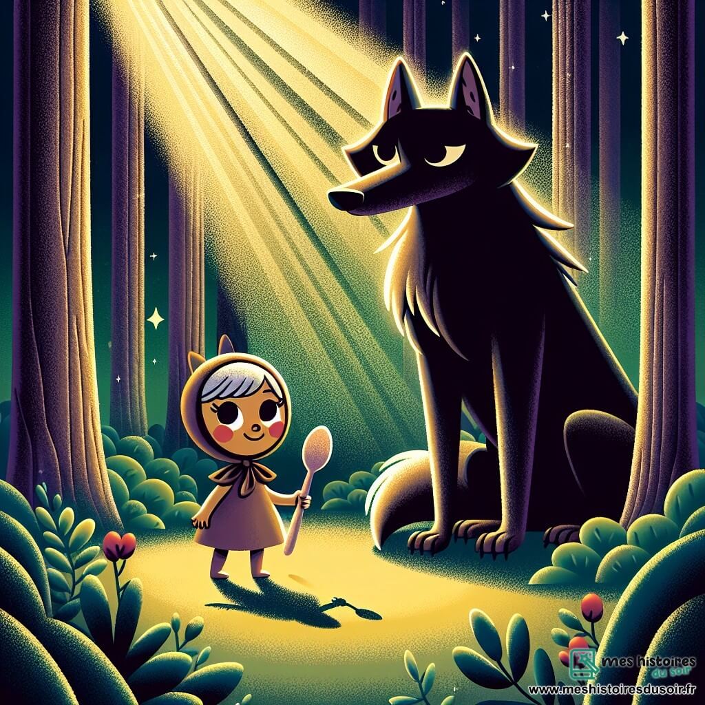 Lila, une petite cuillère en bois au sourire pétillant, se tient courageusement face à un grand loup majestueux au pelage noir scintillant. Le loup, avec un regard doux, exprime gratitude et soulagement. En arrière-plan, une forêt sombre avec des arbres imposants et des feuilles vertes crée une atmosphère mystérieuse. Lila et le loup, côte à côte, symbolisent l'amitié et le courage, prêts à affronter le monde ensemble.