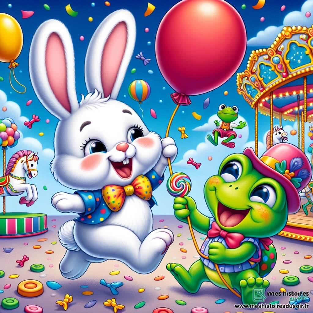Nino, un petit lapin au pelage blanc et aux grandes oreilles, saute de joie au carnaval, un grand sourire aux lèvres et un ballon rouge brillant dans les pattes. À côté, Léa, une grenouille verte avec un chapeau rigolo, lui tend un bonbon scintillant depuis un banc, entourée de confettis. En arrière-plan, un manège avec des chevaux en bois colorés, des ballons dans le ciel bleu et des stands de friandises décorés de guirlandes lumineuses. La scène dépeint Nino et Léa profitant de l'ambiance festive, avec des enfants jouant et dansant autour d'eux.
