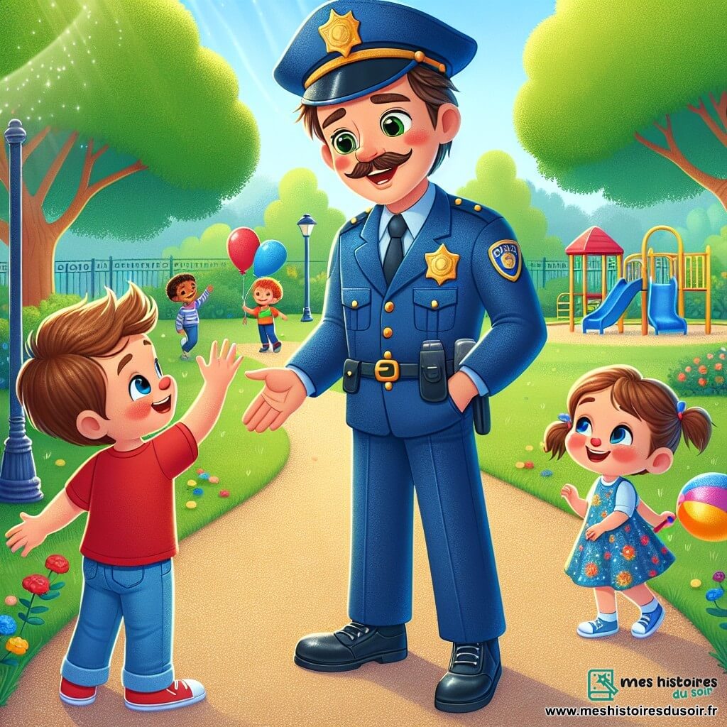 Un policier nommé Paul se tient au centre de l'image, souriant avec un grand chapeau bleu et une veste brillante. Il regarde bienveillant les enfants qui jouent autour de lui. À sa gauche, un petit garçon de 7 ans, avec des cheveux blonds et un t-shirt rouge, lève la main pour saluer Paul. À sa droite, une petite fille de 6 ans, avec des couettes brunes et une robe à fleurs, s'approche en tenant un ballon coloré. La scène se déroule dans un parc verdoyant avec des arbres, des fleurs et des équipements de jeux. Paul discute joyeusement avec les enfants, leur expliquant l'importance de la gentillesse et de la sécurité.