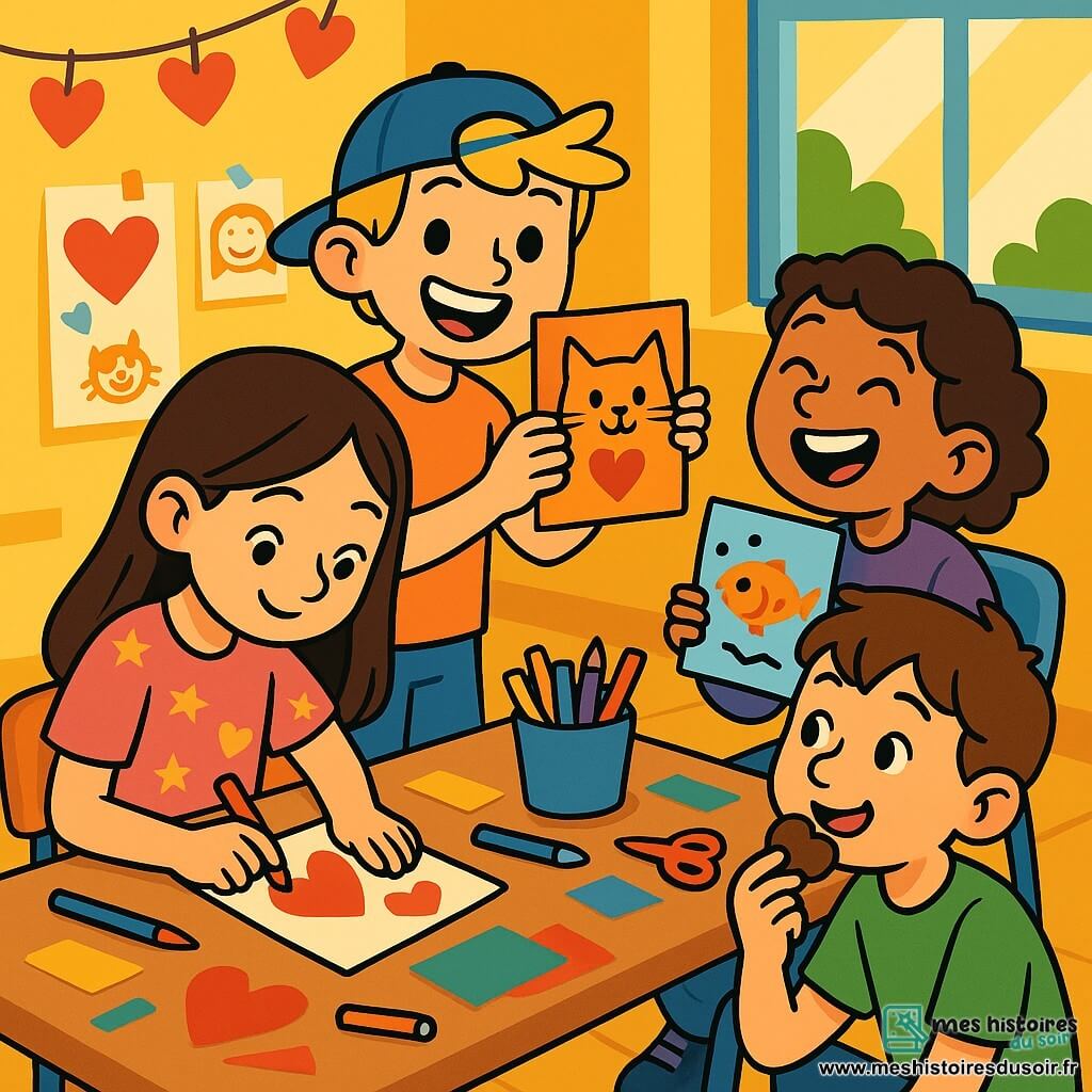 Quatre amis sont réunis dans une salle d'art colorée. Clara, 10 ans, a de longs cheveux bruns et porte un t-shirt rose. Elle crée une carte de Saint-Valentin. Max, également 10 ans, a des cheveux blonds et une casquette bleue, il montre sa carte en forme de chat. Léa, 10 ans, avec des cheveux courts et bouclés, rit en tenant une carte avec un poisson. Hugo, 10 ans, a des cheveux châtains et grignote un chocolat en forme de cœur. La salle est remplie de matériel artistique et décorée de guirlandes de cœurs en papier. Les enfants échangent des idées et des rires tout en préparant des cartes pour célébrer l'amitié.