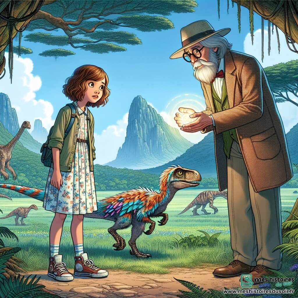Clara, une fille de 12 ans aux cheveux châtains bouclés et aux yeux curieux, se tient au centre de la scène, émerveillée par un petit vélociraptor aux plumes colorées qui s'approche d'elle. Elle porte une robe légère à motifs floraux et des baskets usées. À ses côtés, le professeur Léonard, un homme de 60 ans avec des lunettes rondes et une longue barbe blanche, se penche légèrement en avant, bienveillant, tenant une sphère lumineuse pour activer leur machine à voyager dans le temps. Le décor est une vaste plaine préhistorique avec des arbres géants et des montagnes majestueuses sous un ciel bleu éclatant. Clara et le professeur aident le vélociraptor à retrouver sa mère, dans une atmosphère magique et pleine de promesses.