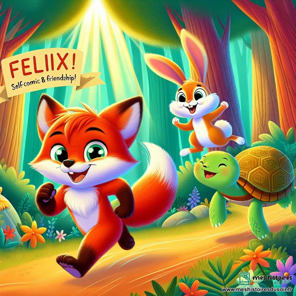 Félix, un petit renard au pelage roux et aux yeux déterminés, court joyeusement dans une forêt colorée, rayonnant de confiance. À ses côtés, un lapin aux grandes oreilles blanches l'encourage avec enthousiasme, tandis qu'une tortue à la carapace verte applaudit fièrement. La scène se déroule dans une forêt enchantée, baignée de lumière, avec des arbres aux feuilles dorées et des fleurs multicolores. Félix participe à un concours de talents, soutenu par ses amis, illustrant la confiance en soi et l'amitié.