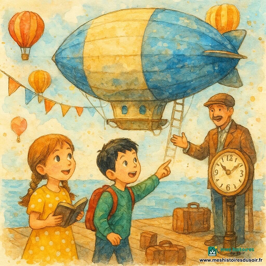 Trois personnages : Léa, ~8 ans, cheveux châtain clair en deux tresses, robe jaune à pois blancs, tenant un petit carnet et regardant émerveillée le dirigeable ; Oscar, ~8 ans, cheveux noirs courts, pull vert et sac à dos rouge, montrant du doigt une grande horloge au mât du quai dont les aiguilles tournent à l’envers ; un homme d’une cinquantaine d’années en veste à carreaux et casquette, moustache fine, accueillant les enfants près de l’échelle du dirigeable. Lieu : un quai de dirigeables colorés sous un ciel bleu limpide, planches de bois, cordages, valises en cuir et guirlandes de fanions, horloge au cadran ancien. Situation : les enfants montent à bord d’un dirigeable géant bleu et crème, lumière dorée filtrant, nuages doux au loin et touches aquarelle suggérant mouvement et émerveillement.