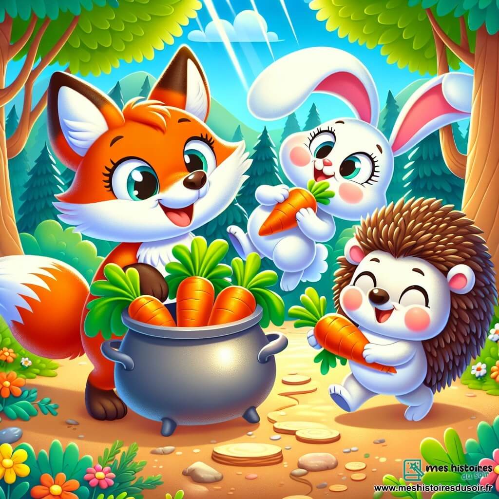 Un renard espiègle au pelage orange vif et à la queue touffue sourit en tenant un panier rempli de carottes. À ses côtés, une lapine blanche aux grandes oreilles saute de joie en regardant les carottes. Un hérisson mignon, avec des piquants bruns, rigole en tenant une carotte. La scène se déroule dans une forêt enchantée, entourée d'arbres majestueux et de fleurs colorées, où un rayon de soleil illumine les visages des amis. Ils préparent une grande soupe de carottes, mais la marmite déborde, créant une situation amusante.