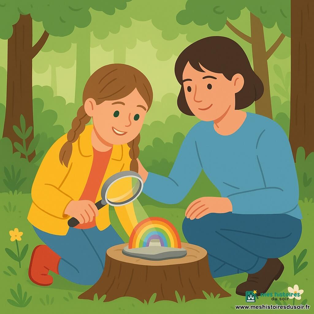 Fille de 10 ans souriante et concentrée, cheveux châtain clair en deux nattes, yeux verts, veste jaune et bottes rouges, tenant une loupe métallique qui projette un petit arc‑en‑ciel sur une pierre posée sur une souche; sa mère d'environ 35 ans, brune aux cheveux courts, pull bleu clair et jean, accroupie à côté d'elle, main sur son épaule et sourire tendre; décor : petite clairière boisée au sol couvert de mousse, fougères, troncs de chêne, quelques fleurs sauvages et rayons de soleil filtrant; ambiance intime et chaleureuse, composition centrée, couleurs douces, formes simples et textures plates.