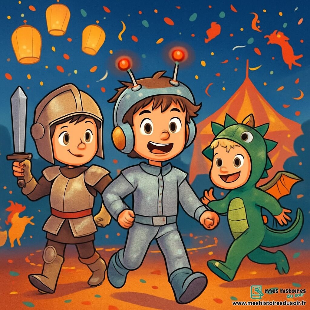 Trois personnages se trouvent au carnaval de la Ville des Rêves : Timéo, un garçon de 9 ans avec des cheveux en bataille et un costume d'explorateur futuriste, souriant au centre ; Jules, déguisé en chevalier avec une armure en carton et une épée en plastique, à gauche de Timéo ; et Léo, déguisé en dragon, à droite de Timéo, sautillant d'excitation. Le décor est coloré, avec des lampions dorés et des créatures fantastiques dansant autour d'eux. Les trois amis, joyeux et enthousiastes, se dirigent vers un grand chapiteau scintillant, prêts à vivre une aventure en quête de trésor.