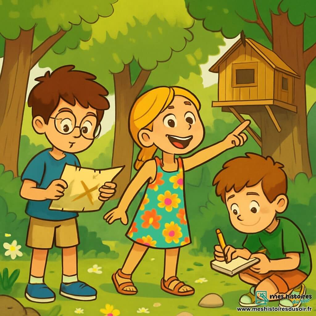 Il y a trois personnages : Tom, un garçon de 10 ans avec des cheveux bruns en bataille et des lunettes rondes, portant un t-shirt bleu et un short beige, concentré sur une carte ; Léa, une fille de 9 ans avec de longs cheveux blonds tressés et un sourire éclatant, vêtue d'une robe à fleurs colorées et des sandales, qui pointe un arbre avec enthousiasme ; et Hugo, un garçon de 10 ans avec des cheveux châtains et des taches de rousseur, en t-shirt vert et short rouge, accroupi en train de dessiner sur son carnet. Ils sont dans une forêt verdoyante, entourés de grands arbres, avec des rayons de soleil illuminant le sol. Les enfants sont en pleine chasse au trésor, examinant la carte de Tom, tandis que Léa s'enthousiasme pour un indice caché et Hugo dessine leur aventure.