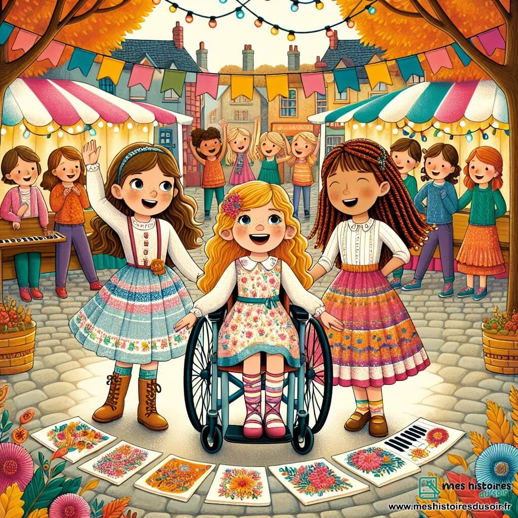 Au centre de l'image, Amélie, 10 ans, cheveux bruns et lunettes, sourit dans son fauteuil roulant. À gauche, Émilie, cheveux blonds et bouclés, chante en robe colorée. À droite, Clara, cheveux roux et tresses, danse en jupe à motifs floraux. Enfin, Sophie, cheveux châtains et lisses, joue du piano. Le décor est une place de village animée avec des stands colorés et des arbres aux feuilles dorées. Les quatre amies, réunies sur scène, célèbrent la diversité et l'amitié, tandis qu'Amélie montre ses peintures, symbolisant l'inclusion et la créativité.