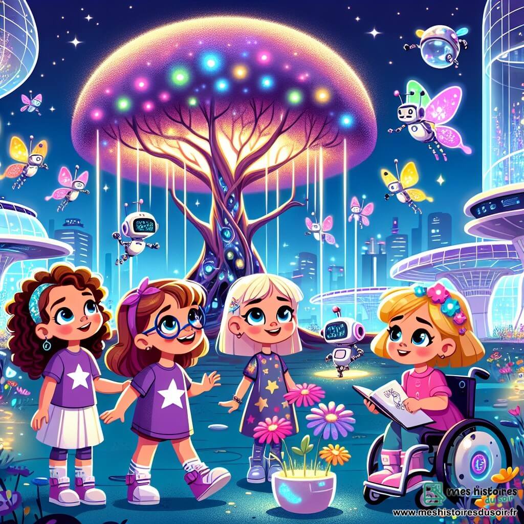 Dans un parc technologique futuriste, quatre petites filles émerveillées se tiennent ensemble. Zoé, six ans avec des cheveux bouclés et un t-shirt violet, admire un arbre immense et lumineux. À sa droite, Lila, aussi âgée de six ans, porte une robe rose et des lunettes en forme d'étoile tout en tenant un carnet de croquis. À gauche, Mia, six ans aux cheveux blonds et tresses, s'agenouille pour observer un petit robot jardinier. Enfin, Emma, dans un fauteuil roulant décoré de stickers, sourit en regardant des papillons mécaniques. Le parc est rempli de bâtiments transparents et de jardins suspendus, où des fleurs multicolores dansent au vent. Les quatre amies découvrent l'Arbre des Rêves, un arbre gigantesque aux feuilles scintillantes qui capture les rêves des enfants pour les transformer en énergie positive. Elles s'assoient sous l'arbre, fermant les yeux pour partager leurs rêves, créant une atmosphère de joie et d'émerveillement.