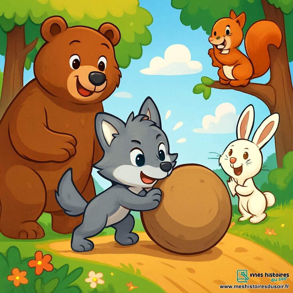 Un petit loup nommé Loulou, avec un pelage gris et des yeux déterminés, pousse un gros rocher en haut d'une colline. Il est concentré et enthousiaste, ses pattes fermement posées sur le rocher. Des animaux de la forêt l'encouragent : un ours brun souriant, un lapin blanc qui applaudit et un écureuil roux admiratif. La scène se déroule dans une forêt verdoyante sous un ciel bleu, avec des arbres majestueux et des fleurs colorées. Loulou essaie de faire rouler le rocher, soutenu par ses amis qui créent une ambiance festive.