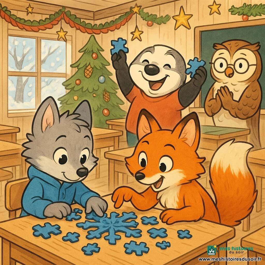 Oscar, un petit loup enfantin au manteau bleu ciel et fourrure grise, yeux pétillants, trie et assemble des pièces de puzzle bleues en forme de flocons ; Lila, une renarde rousse duveteuse et souriante, est à ses côtés et lui montre une pièce ; Max, un blaireau trapu au large sourire, célèbre sa victoire en arrière-plan avec quelques pièces en main ; la maîtresse, une chouette âgée aux lunettes, applaudit près du tableau ; la salle de classe décorée pour l’hiver (guirlandes, étoiles, sapin) baigne dans une lumière douce ; scène de concours de puzzles d’animaux d’hiver, ambiance joyeuse, couleurs vives, traits nets et expressions lisibles pour les enfants.
