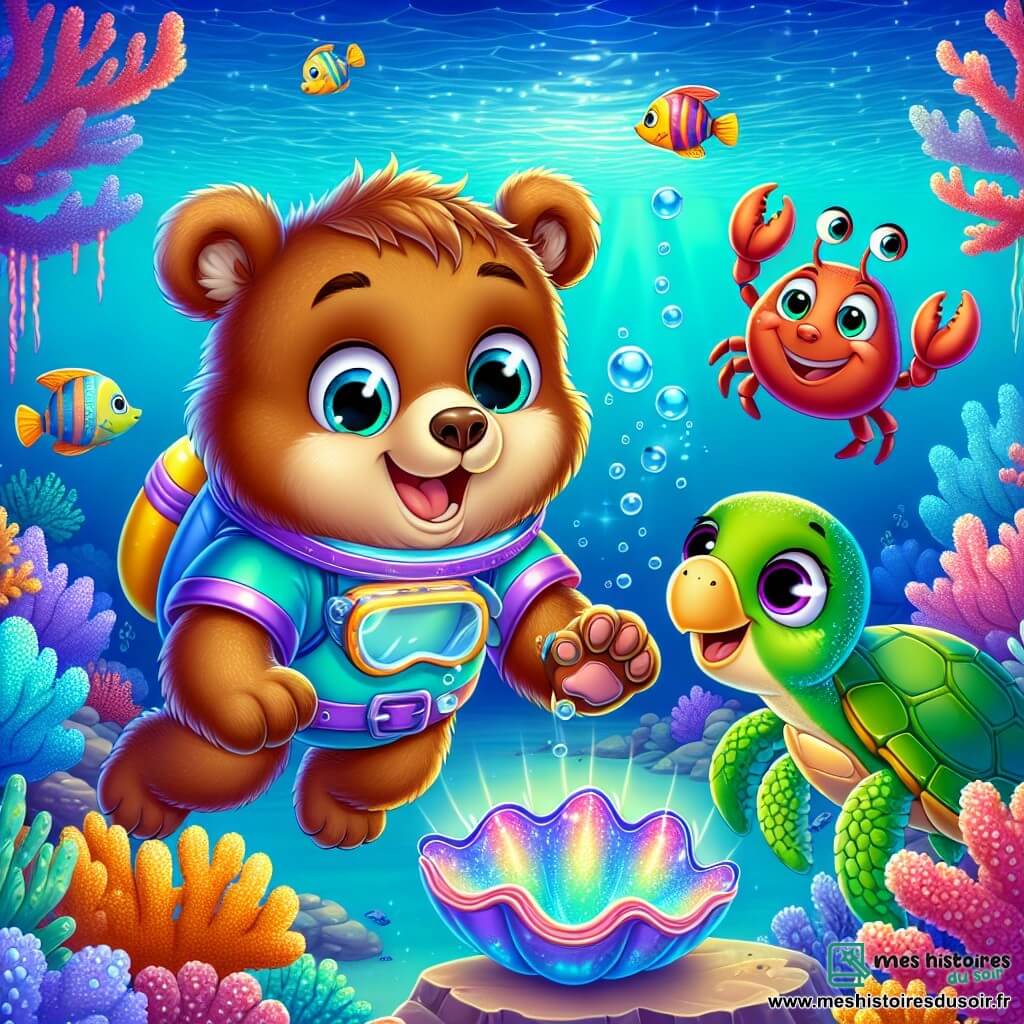 Un jeune ours nommé Barnabé, avec un pelage brun et doux, nage joyeusement sous l'eau dans une combinaison de plongée colorée. À ses côtés, une tortue de mer nommée Lila, avec une carapace verte, observe attentivement. Un petit crabe rouge nommé Carmin, se tient sur un rocher, prêt à les guider. Le décor est une forêt de corail enchantée, avec des coraux phosphorescents et des poissons multicolores. Barnabé et Lila découvrent un énorme coquillage scintillant, tandis que Carmin les encourage à s'approcher, tous trois prêts pour une nouvelle aventure sous-marine.