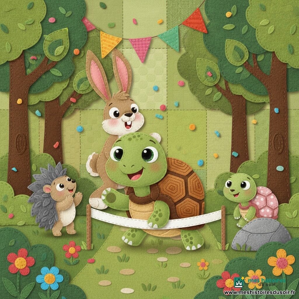 Une tortue verte au visage rond et souriant, carapace brun-ocre à motifs géométriques en velours, yeux brillants brodés, franchit la ligne d'arrivée en posant une patte avant sur une bande blanche cousue; derrière, un lièvre brun clair nommé Léo, grand et surpris, oreilles longues en feutrine et bouche ouverte, semble avoir manqué la victoire; à gauche, un petit hérisson gris aux piquants en tissu bouclé applaudit, et à droite, cachée derrière une pierre, la timide petite tortue Lulu à coquille rose pâle imprimée de pois regarde émerveillée; la scène se déroule sur un sentier de forêt en feutrine verte avec fleurs en appliqué, arbres au tronc en toile de jute et feuilles en coton gaufré, fanions cousus au-dessus, confettis en ronds de tissu, coutures visibles et bords festonnés, ambiance joyeuse et chaleureuse.