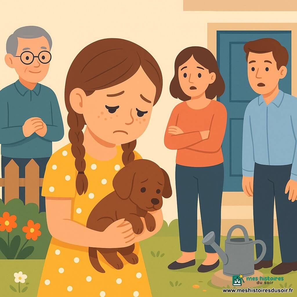 Léa, 10 ans, visage rond et taches de rousseur, cheveux bruns en deux tresses, porte une robe jaune à pois blancs; les yeux brillants et humides, elle a une expression mêlée de honte et de soulagement et tient doucement un petit chiot brun. Monsieur Robert, ~60 ans, cheveux gris courts et lunettes rondes, sourit doucement et se tient près d’une clôture en bois, mains jointes et regard bienveillant. Les parents, mère ~38 ans bras croisés et père ~40 ans légèrement penché en avant, sont surpris et attendris sur le seuil du jardin. Le jardin montre une pelouse verte, des massifs fleuris, une petite fleur au sol avec quelques pétales tombés, un arrosoir en métal posé sur une pierre, et une maison crépie beige à porte bleue en arrière-plan. Scène matinée de lumière douce: moment de confession émotive où Léa avoue la vérité en tenant le chiot, posture penchée et regard baissé, parents attentifs, ambiance chaleureuse et chargée d’émotion.