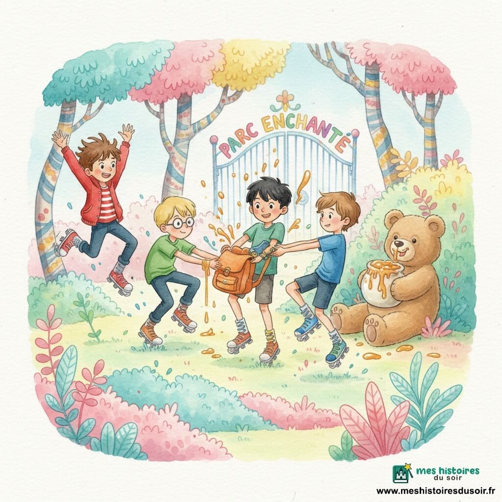 Cinq personnages : Léo (garçon ~7 ans, cheveux bruns en bataille, veste rouge rayée) saute à gauche bras levés ; Paul (garçon ~7 ans, cheveux blonds courts, lunettes rondes, chemise verte) est accroupi centre-gauche faisant la mine de détective ; Max (garçon ~8 ans, cheveux noirs, sac à dos orange) au centre ouvre un sac d'où sortent des chaussettes à ressorts ; Oscar (garçon ~6 ans, cheveux châtain clair, t-shirt bleu) rebondit à droite, jambes fléchies ; Barnabé, ours en peluche géant beige aux yeux en bouton, est coincé derrière un buisson à droite en tenant un gros pot de miel collant. Lieu : parc à ressorts enchanté au sol mousseux pastel, plantes vives et arbres aux troncs peints, portail multicolore en arrière-plan. Scène : les quatre garçons, chaussés de chaussettes à ressorts colorées, rebondissent pour tirer ensemble le pot de miel et libérer Barnabé ; mouvement, gouttes de miel brillantes et éclaboussures d'aquarelle contrôlées.