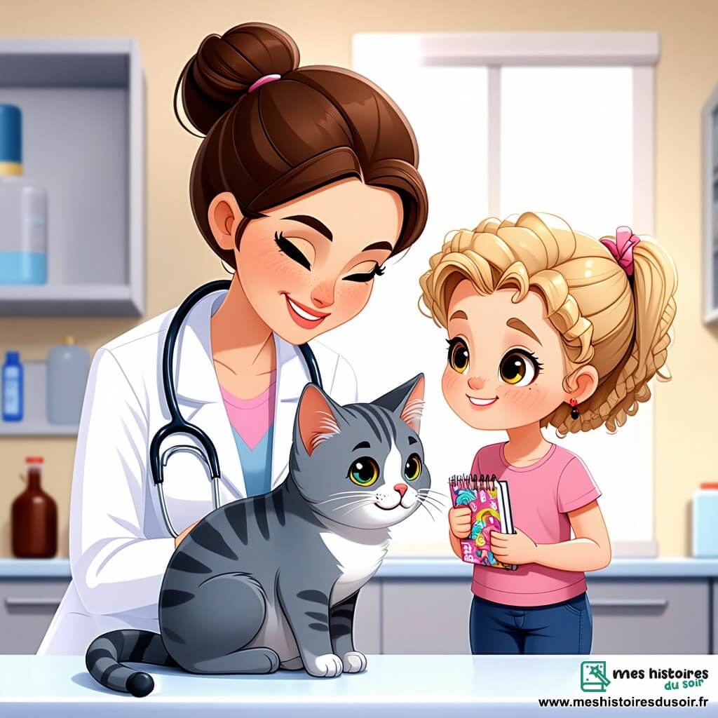 Docteur Zoé est une femme souriante, avec des cheveux bruns en chignon, portant une blouse blanche et un stéthoscope. Elle caresse Mia, une chatte grise, sur la table d'examen. Léa, une petite fille de 8 ans aux cheveux blonds et bouclés, observe avec curiosité, tenant un carnet de notes coloré. La scène se déroule dans une clinique vétérinaire lumineuse aux murs verts pastel, avec des posters d'animaux et des jouets éparpillés. Docteur Zoé explique aux enfants comment prendre soin des animaux, créant une atmosphère joyeuse et éducative.