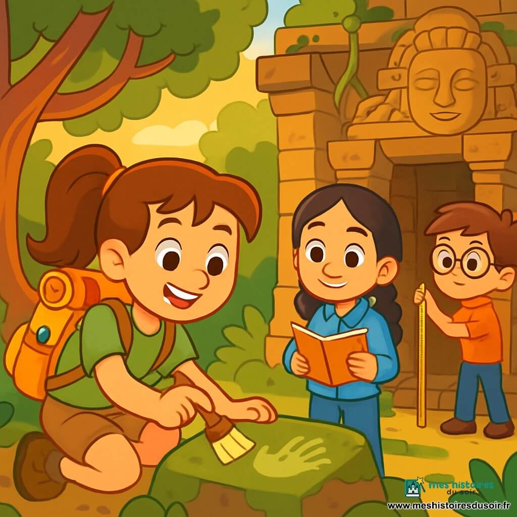 Une jeune archéologue, Jade, d'environ 10 ans, se tient devant un ancien temple khmer. Elle a de longs cheveux bruns en queue de cheval, des yeux curieux et un large sourire. Vêtue d'un t-shirt vert et d'un short beige, elle est accroupie avec une brosse, nettoyant une pierre couverte de mousse. À ses côtés, Linh, une fille de 10 ans aux cheveux noirs tressés, observe avec un carnet et un crayon. Max, un garçon de 10 ans avec des lunettes et des cheveux châtains en désordre, mesure une porte sculptée. Ils se trouvent dans une forêt dense, avec des arbres majestueux et des racines serpentant autour des pierres ornées de motifs anciens. Jade découvre une empreinte de main gravée dans la pierre, entourée de ses amis, tous fascinés. La lumière dorée du soleil couchant illumine la scène, créant une atmosphère magique d'exploration.