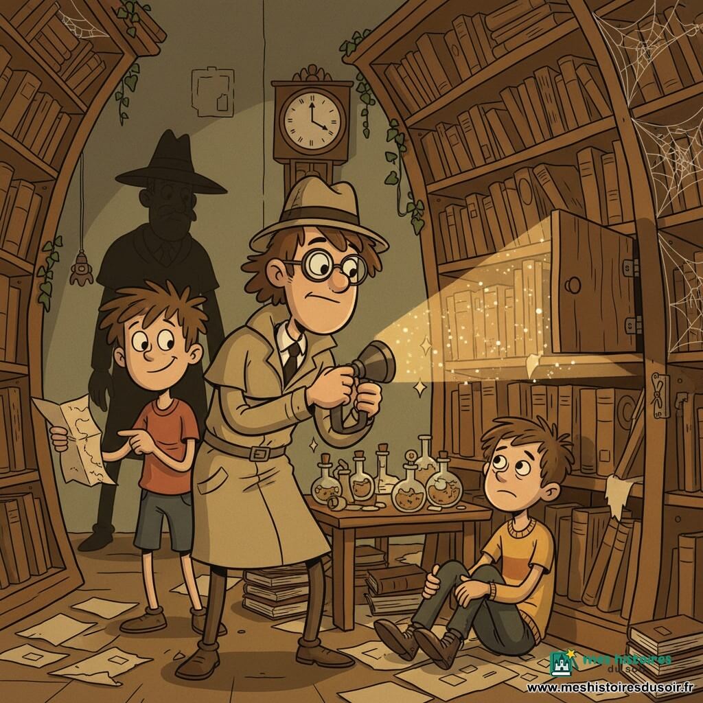 Maxime, détective déterminé aux cheveux bruns en bataille, lunettes rondes, chapeau et trench-coat beige, tient une lampe qui éclaire une petite porte secrète ; derrière lui à gauche, Lucas, ~10 ans, malicieux, pointe une vieille carte froissée vers un coin sombre ; au centre, Antoine, ~12 ans, fatigué mais soulagé, assis parmi des livres et papiers jaunis, lève la tête vers Maxime ; en arrière-plan, la silhouette inquiétante de l'ancien bibliothécaire se découpe près d'étagères en bois dans une bibliothèque abandonnée poussiéreuse, lierre, toiles d'araignée, horloge arrêtée et table de fioles, atmosphère de découverte et de sauvetage mêlant mystère, tension et lumière chaude sur mobilier sépia.