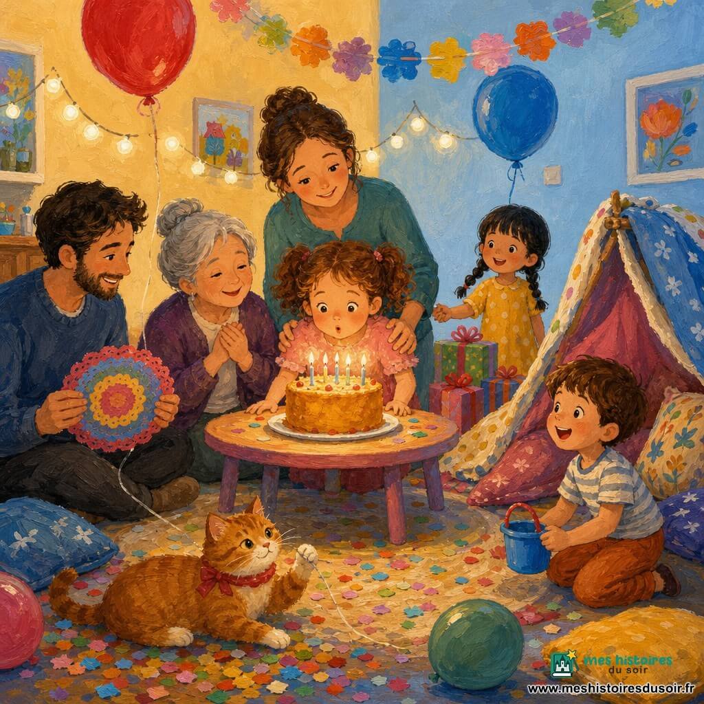 Fille de 4 ans, cheveux châtain clair en couettes bouclées, visage rond, yeux brillants, expression joyeuse, soufflant les bougies d’un gâteau rond doré posé sur une petite table basse; maman d’environ 30 ans, cheveux longs attachés, sourire tendre, debout derrière elle, mains sur ses épaules, éclairée par la lumière chaude des bougies; papa d’environ 32 ans, barbe légère, assis à gauche, riant doucement et tenant un napperon coloré; grand‑mère d’environ 65 ans, cheveux gris en chignon, yeux doux, assise près de la table, mains jointes sur la poitrine; Léo, garçon d’environ 5 ans, cheveux bruns courts, agenouillé à droite près d’un fort de coussins, tenant un petit seau de plage et regard enthousiaste; Lina, fille d’environ 4 ans, cheveux noirs tressés, souriante, tenant la main d’une voisine près des cadeaux; chat Biscotte, petit chat roux avec un nœud rouge, allongé sur une pile de confettis, patte sur la ficelle d’un ballon; chambre décorée aux murs pastel jaune pâle et bleu avec guirlandes de papier multicolores, ballons rouges et bleus, guirlande lumineuse et confettis; ambiance de fête d’anniversaire intime et chaleureuse, éclairage chaud des bougies, couleurs vives et textures visibles de peinture acrylique (traits épais, coups de pinceau texturés).