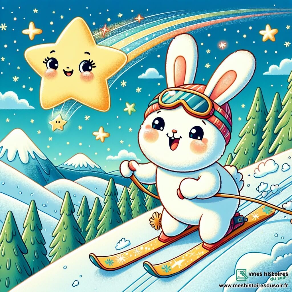 Un petit lapin nommé Léo, au pelage blanc et aux longues oreilles, skie joyeusement sur une pente enneigée, affichant détermination et excitation. Il porte un bonnet rouge et des lunettes de ski. À ses côtés, une étoile filante nommée Stella, brillante et colorée, flotte au-dessus de lui pour l'encourager. Le décor est une montagne enneigée avec des sapins, des flocons tombants et un ciel clair. Léo glisse sur la pente, prêt à sauter, tandis que Stella l'encourage avec des étincelles de lumière, créant une atmosphère magique.