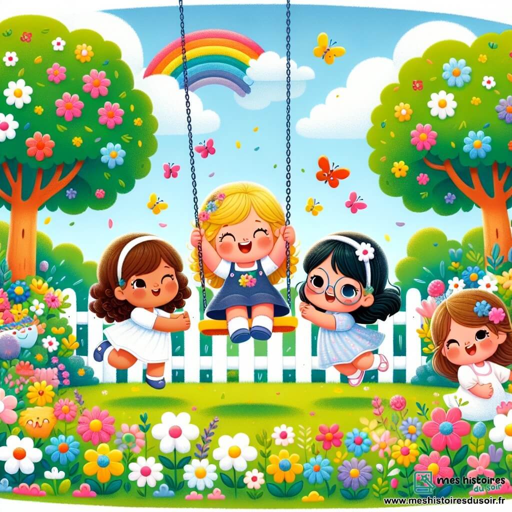 Dans un parc verdoyant, quatre filles s'amusent. Mia, 7 ans, pousse Lila, 6 ans, sur une balançoire. Lila rit aux éclats, tandis qu'Emma, 7 ans, attend son tour avec un sourire. Zoé, 6 ans, est prête à pousser Emma. Le parc est rempli de fleurs colorées et d'un ciel bleu. Les filles jouent ensemble, partageant rires et sourires, illustrant la beauté de l'amitié.