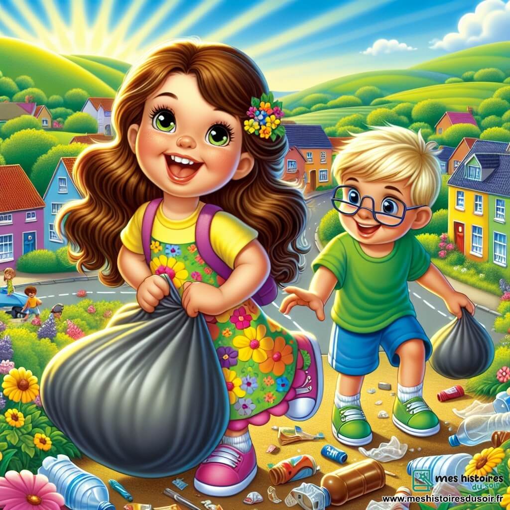 Dans un village ensoleillé, Lou, une petite fille de 6 ans aux longs cheveux bruns et au sourire rayonnant, ramasse des déchets avec un sac poubelle. À ses côtés, Tom, un garçon de 6 ans aux cheveux blonds et lunettes, l'aide en tenant une bouteille en plastique. Le village, entouré de collines verdoyantes et de maisons colorées, est sous un ciel bleu parsemé de nuages. Lou et Tom, déterminés à nettoyer leur village, sont rejoints par d'autres enfants pour améliorer leur environnement.
