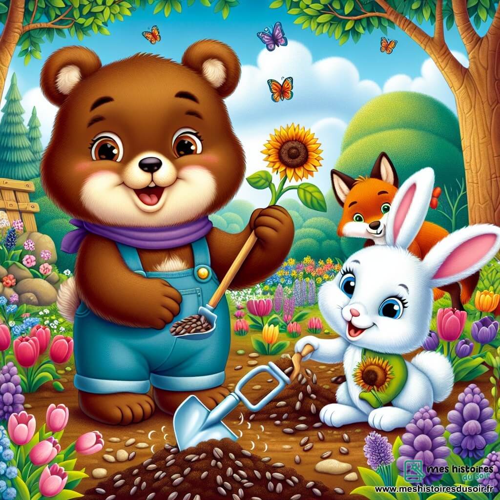 Un ours brun nommé Boubou, au pelage doux et aux yeux pétillants, plante des graines dans un jardin coloré, son visage rayonnant d'excitation. À ses côtés, une petite lapine blanche nommée Lila, avec de grandes oreilles et un sourire éclatant, tient une petite pelle pour l'aider, tandis qu'un renard espiègle nommé Max, au pelage roux vif, observe malicieusement en tenant des graines de tournesol. Le jardin est enchanteur, rempli de fleurs éclatantes et d'insectes bourdonnants, avec des arbres majestueux et un ciel bleu clair en arrière-plan. Boubou, Lila et Max, unis par l'amitié, partagent rires et sourires en préparant leur jardin pour le printemps, pleins d'espoir et de joie.