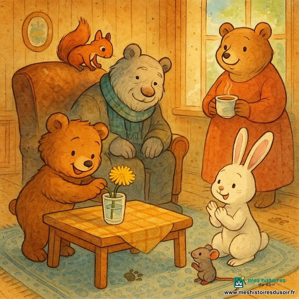 Ourson Brun, petit ourson au pelage duveteux, sourit en posant délicatement un pissenlit jaune dans un verre d'eau sur une table basse; autour de lui, Grand-Papa Ours grisonnant, assis dans un fauteuil en bois, sourit tendrement, Grand-Maman Ours tient une tasse de tisane près de la fenêtre, Lili la lapine applaudit accroupie, Pico l'écureuil est perché sur le dossier du fauteuil et une petite souris grise observe sur le tapis; le salon en bois clair, baigné de soleil et donnant sur un jardin, crée une atmosphère intime, chaleureuse et printanière.