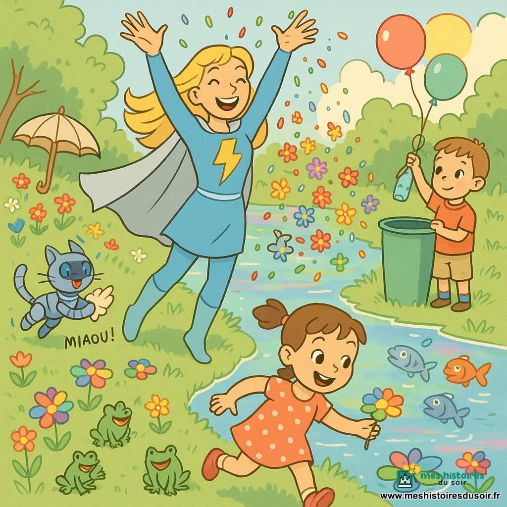Éclairine, une super-héroïne rayonnante aux cheveux dorés et cape argentée, sourit en levant les bras: de petites gouttes colorées tombent et transforment les déchets de la rive en fleurs, rendant la rivière Arcoiris propre et claire aux reflets arc-en-ciel; à ses pieds le robot-chat Chaton-Flash bondit en ramassant des papiers et miaule joyeusement. Au premier plan, Lila, une fillette de 6 ans en robe à pois, tend la main pour attraper un nénuphar coloré, tandis qu’un petit garçon d’environ 5 ans, timide mais fier, tient une bouteille vide qu’il vient de déposer dans une poubelle magique qui la métamorphose en ballon s’envolant. Autour, berges herbeuses parsemées de fleurs, nénuphars flottants, poissons sautant en bulles et grenouilles applaudissant; palette de couleurs vives et douces, lignes rondes et ambiance chaleureuse et pleine d’espoir.