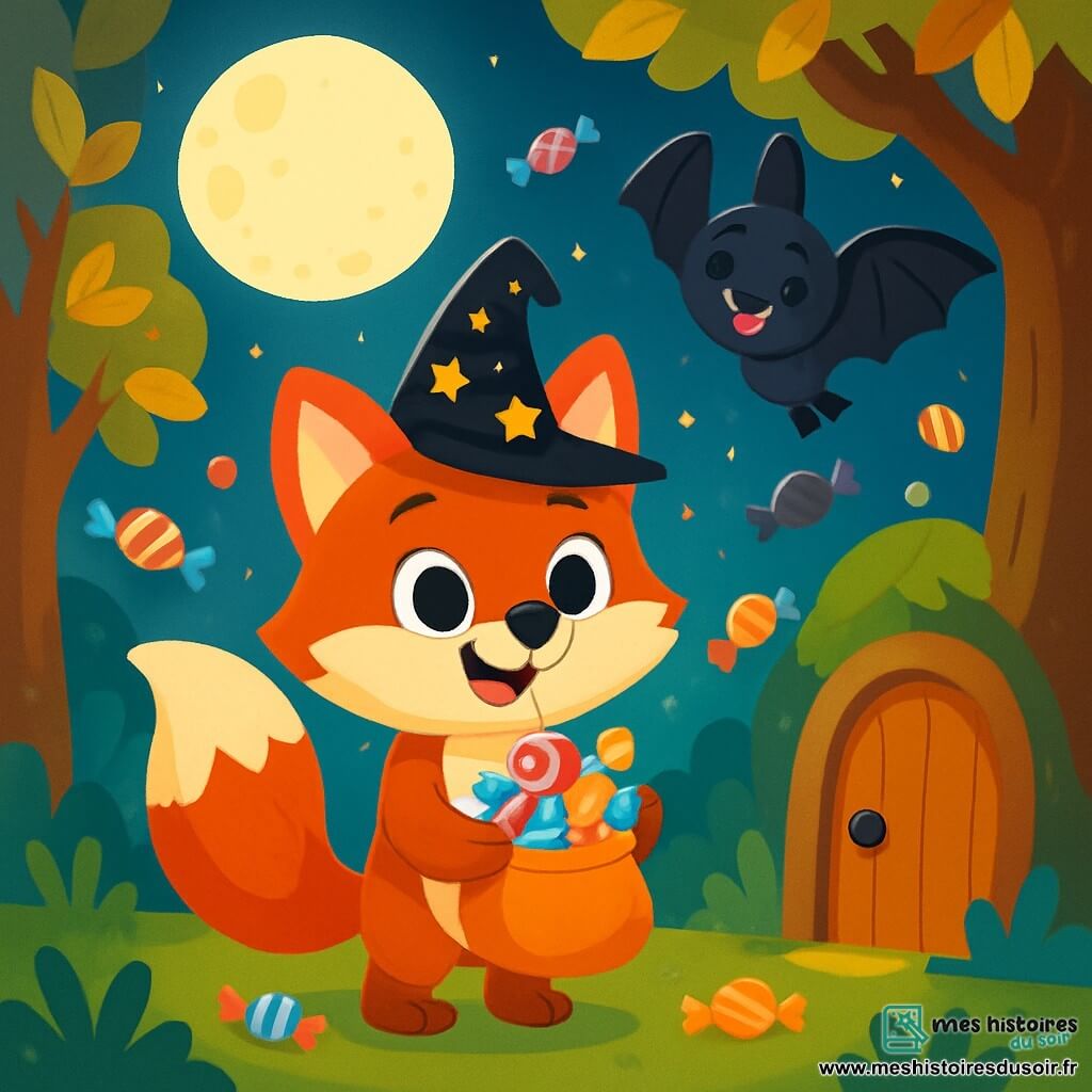 Un petit renard roux, Félix, avec une fourrure brillante et une queue touffue, se tient au centre d'une clairière illuminée par la lune. Il porte un chapeau de sorcier noir orné d'étoiles dorées et tient une poche à bonbons pleine de sucreries colorées. À ses côtés, Léo, une petite chauve-souris aux ailes noires, vole joyeusement autour de lui, exprimant la joie. La clairière est entourée d'arbres aux feuilles dorées et argentées, et des bonbons flottent dans l'air, créant une ambiance féerique. Félix et Léo découvrent un grand arbre avec une porte mystérieuse, prêts à entrer dans un monde magique rempli de bonbons et d'aventures.