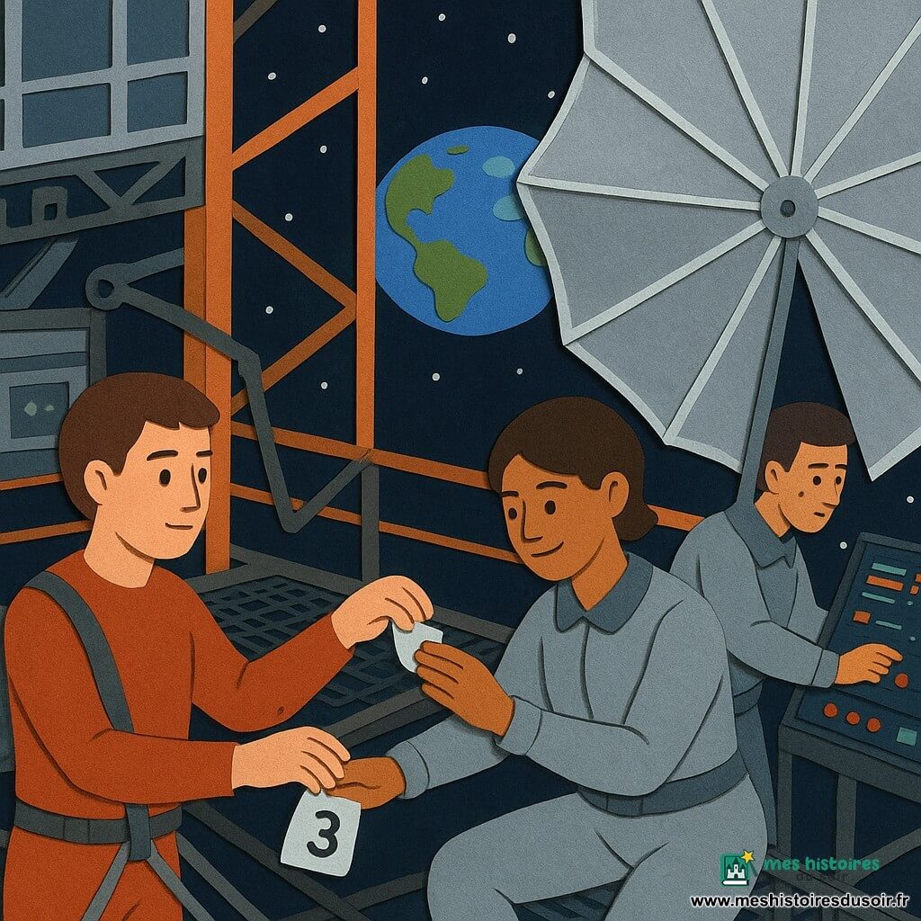 Sami, garçon sami de 16 ans au visage rond et cheveux bruns, concentré et serein, tend un sachet numéroté vers la voile solaire tandis que Yara, cheffe d’équipe adulte à la peau légèrement hâlée et coupe courte, applique du gel sur une microfissure ; Malik, technicien d’environ 25 ans avec une tache de graisse sur la joue, surveille les écrans et tapote les commandes depuis un panneau lumineux ; lieu : mât Est du chantier orbital Aurore-7, plate-forme métallique et voile repliée en éventail argenté, arrière-plan espace noir et Terre bleue — réparation délicate et coordonnée avec cordes de sécurité et lumières d’atelier.