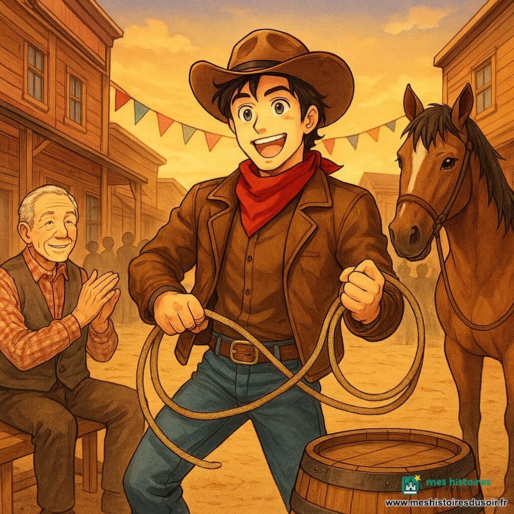 Un cow-boy dans la trentaine, joyeux et fier, chapeau usé, veste en cuir et foulard rouge, tient un lasso enroulé autour d’un tonneau au centre d’une place poussiéreuse au coucher du soleil ; à gauche, un homme âgé aux cheveux gris applaudit assis sur un banc, à droite le cheval bai Éclair se tient calme, crinière ébouriffée ; façades en bois ocre et rouge fané, trottoirs en planches, banderoles flottantes et tonneaux empilés, foule esquissée en arrière-plan ; atmosphère triomphante du concours de lasso, style manga aux traits doux, yeux expressifs, couleurs saturées et textures marquées, composition centrée sur le cow-boy victorieux.
