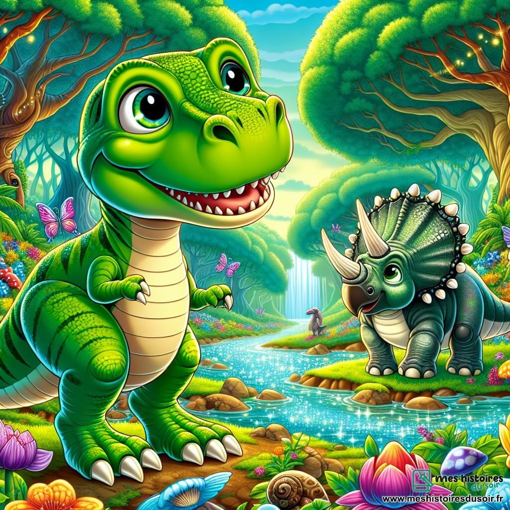 Un jeune Tyrannosaure Rex nommé Térence, avec une peau verte éclatante et des yeux pétillants, se tient au bord d'une rivière scintillante, souriant. À ses côtés, Trico, un Tricératops aux trois cornes imposantes, le regarde avec inquiétude, ses grands yeux ronds curieux. En arrière-plan, une forêt mystérieuse s'étend avec des arbres géants aux troncs larges, des feuilles brillantes et des fleurs multicolores. Térence et Trico sont prêts à s'aventurer dans la forêt interdite, entourés de couleurs vives et d'une atmosphère magique, avec des fleurs chantantes et des pierres dansantes.
