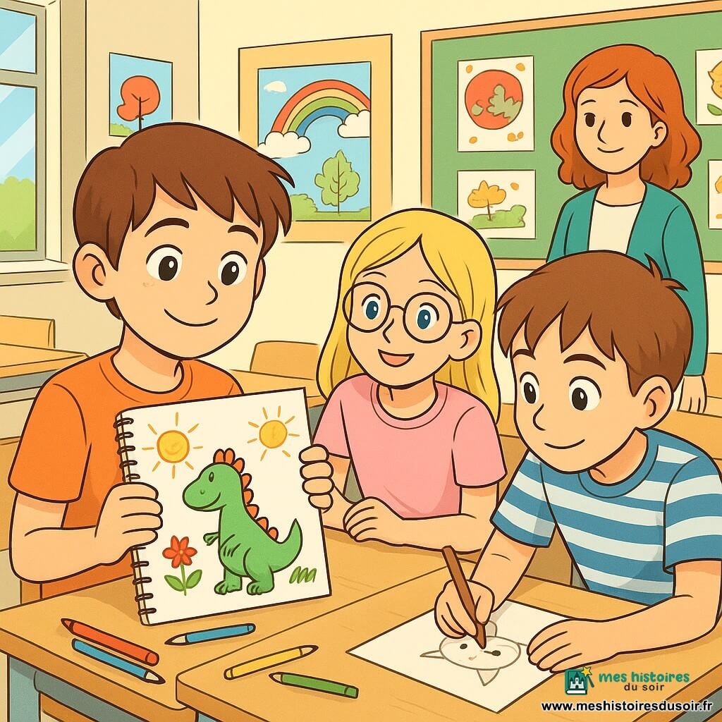 Un garçon de 10 ans, Hugo, aux cheveux bruns et aux yeux pétillants, est assis à une table dans une classe lumineuse. Il sourit timidement tout en tenant un carnet de croquis rempli de dessins colorés. À côté de lui, Lila, une fille de 10 ans avec des cheveux blonds et des lunettes, admire ses dessins. Mathis, un autre garçon de 10 ans avec des cheveux châtains, essaie de dessiner un chat sur une feuille de papier. La classe est décorée de posters colorés et de dessins accrochés au mur, avec des fenêtres laissant entrer la lumière. Hugo partage fièrement ses talents de dessinateur, tandis que la maîtresse les observe avec bienveillance, créant une atmosphère chaleureuse.