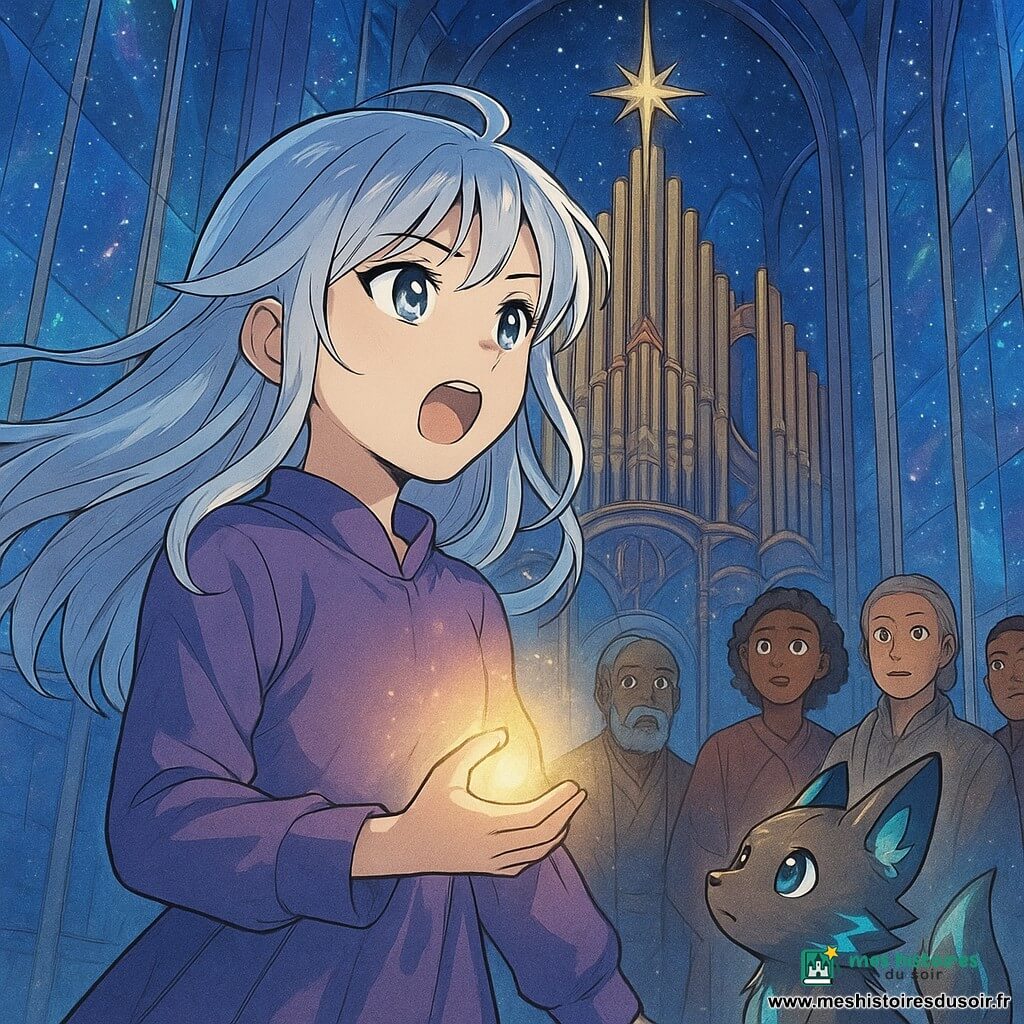 Maïa, une jeune femme aux cheveux argentés et aux yeux déterminés, se tient devant un grand orgue stellaire. Elle est concentrée, touchant une Graine d'Aube lumineuse. À ses côtés, Pipo, un petit animal à la fourrure mi-luminescente mi-métallique, observe avec attention. Ils sont dans une grande salle de la tour du Chœur des Constellations, entourés de murs de verre irisé captant la lumière des étoiles. Maïa chante, une douce lumière émane de la graine, illuminant la pièce et se reflétant sur les visages émerveillés des anciens gardiens en arrière-plan.