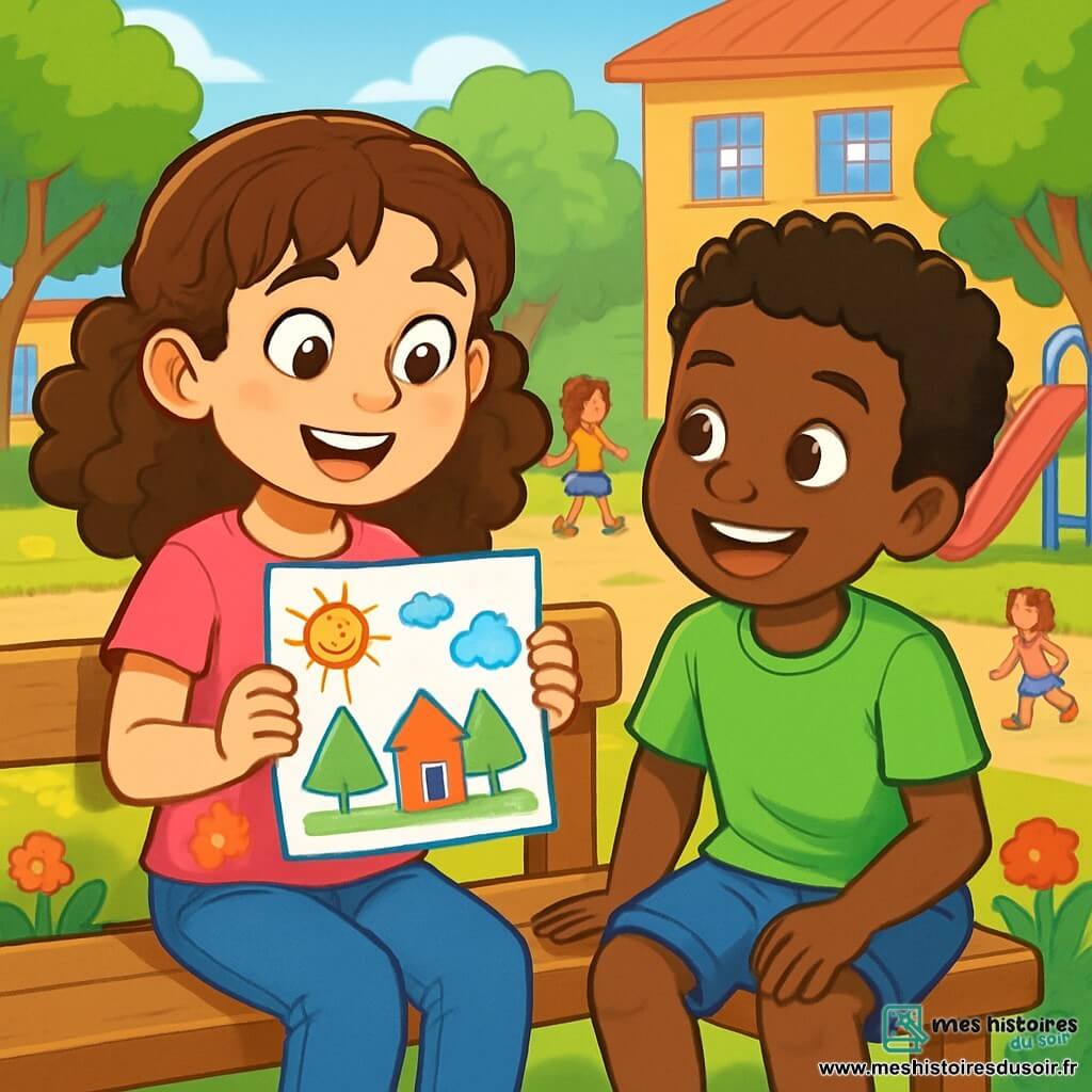 Samantha, une petite fille de 10 ans aux cheveux châtains et bouclés, sourit en tenant un dessin coloré. Elle porte un t-shirt rose et un jean bleu. À ses côtés, Malik, un garçon de 10 ans d'origine afro-américaine avec des cheveux crépus, admire son dessin. Il est vêtu d'un t-shirt vert et d'un short en jean. La scène se déroule dans une cour d'école ensoleillée, entourée d'arbres et de jeux colorés, où des enfants jouent au loin. Samantha et Malik sont assis sur un banc, partageant un moment de complicité et discutant de leurs dessins et cultures, illustrant l'importance de l'amitié et de la tolérance.