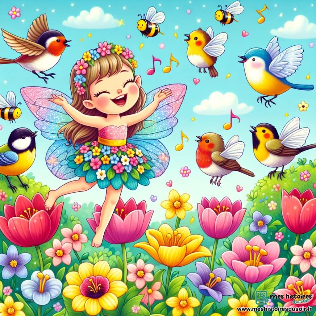 Une petite fée nommée Lili, avec des ailes scintillantes et une robe de pétales de fleurs colorées, vole joyeusement au-dessus d'un jardin en pleine floraison, souriante. À côté, un groupe d'oiseaux aux plumes vives chante gaiement sur une branche. Des abeilles dorées butinent les fleurs, créant une ambiance joyeuse. Le jardin est rempli de fleurs éclatantes sous un ciel bleu parsemé de nuages. Lili danse dans les airs avec ses amis, célébrant le printemps avec rires et chants.