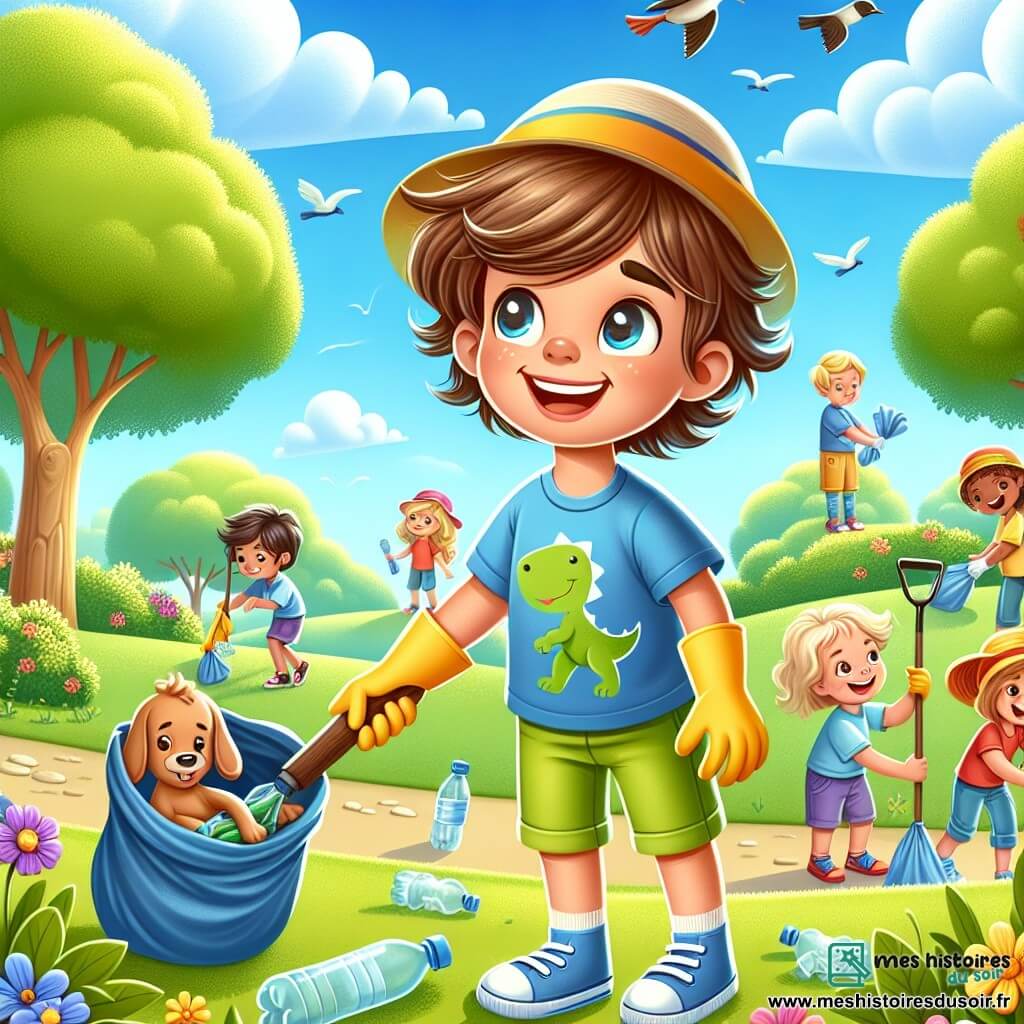 Léo, un petit garçon de 4 ans aux cheveux bruns en bataille et aux yeux curieux, sourit en ramassant des déchets dans le parc. Il porte un t-shirt bleu avec un dinosaure et un short jaune. À ses côtés, sa maman, une femme d'environ 30 ans aux cheveux blonds, porte un chapeau de soleil et ramasse une bouteille en plastique tout en lui souriant fièrement. Le parc est rempli d'arbres majestueux, de fleurs colorées et d'un ciel bleu clair avec des nuages. Des oiseaux chantent sur les branches. La scène montre Léo et sa maman nettoyant le parc, entourés d'enfants souriants et déterminés à rendre l'endroit plus beau, créant une atmosphère de camaraderie et de joie en prenant soin de la nature.