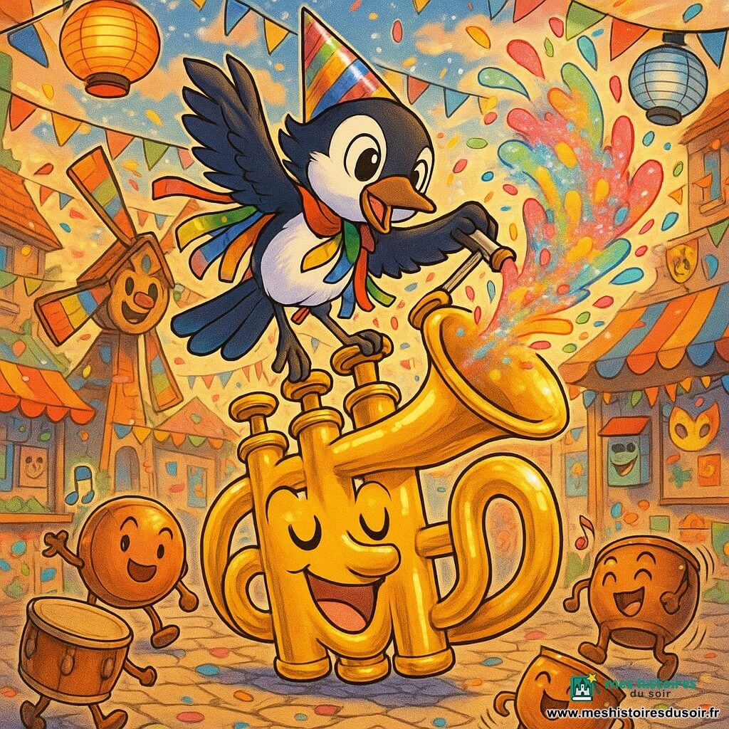 Plume-Safran, petite pie anthropomorphe aux plumes blanches et jaune-orangées, porte une cape arc-en-ciel de rubans et un chapeau pointu en papier brillant, et vole au-dessus d’une grande trompette dorée animée qui, fière et polie, crache des tourbillons denses de confettis en tirant son levier; derrière, un moulinet à vent en bois peint au visage souriant tourne vite et propulse le jet de papier, tandis que tambours et casseroles cuivrés ronds rient, frappent la mesure et dansent sur les pavés d’une petite place de carnaval garnie d’un kiosque peint, boîtes aux lettres chantantes, murs peints d’enfants, lanternes en papier rouges, jaunes et bleues accrochées à des guirlandes de fanions, masques et confettis collés, le tout baigné d’une lumière douce de fin d’après-midi autour d’une explosion joyeuse de confettis avec Plume-Safran au centre, capes et rubans flottant.