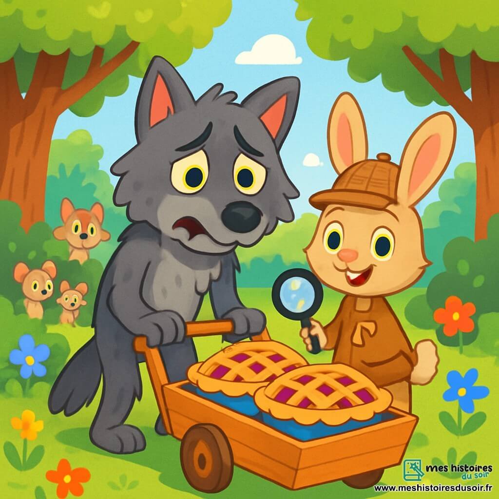 Un grand loup au pelage gris et aux yeux d’ambre se tient dans une clairière ensoleillée, l'air triste et hésitant, regardant des tartes aux baies avec des pattes tremblantes. À ses côtés, un petit lapin détective nommé Gustave, en casquette et avec une loupe, lui sourit pour l'encourager. La clairière est entourée d'arbres et de fleurs, tandis qu'un groupe d'animaux curieux observe la scène. Le loup, avec une charrette pleine de tartes, tente de s'excuser, et les autres animaux commencent à sourire et à s'approcher pour l'accueillir.