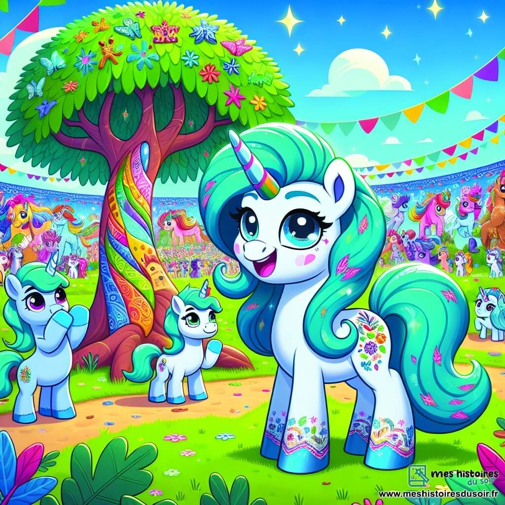 Dans un pré verdoyant sous un ciel bleu, Naya, une petite licorne turquoise, sourit fièrement en montrant son arbre tropical coloré. À ses côtés, Milo, une licorne à la crinière argentée, applaudit avec enthousiasme. En arrière-plan, Griselda, une licorne à la crinière dorée, observe avec curiosité. Le lieu est décoré de guirlandes colorées et de lanternes scintillantes, avec une fresque murale représentant les histoires de chaque licorne, symbolisant l’unité dans la diversité. La scène capture un moment joyeux où les licornes célèbrent leurs différences lors de la fête de la diversité.